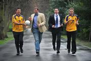 5 February 2009; Pictured at the launch of Sierra Communications as the new shirt sponsor to the Roscommon senior football team were TJ Malone, Managing Director Sierra Communications, and Roscommon manager Fergal O’Donnell, second from left, with players Karol Mannion, left, and Geoffrey Claffey. St. Stephen's Green, Dublin. Picture credit: Brian Lawless / SPORTSFILE