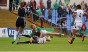 23 August 2015; Katie Fitzhenry, Ireland, celebrates after scoring her side's first try. Women's Sevens Rugby Tournament, Finals, Ireland v South Africa. UCD, Belfield, Dublin. Picture Credit; Eóin Noonan