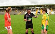 22 August 2015; Referee Seámus Mulvihill with team captains Caroline O'Hanlon, left, Armagh, and Katy Herron, Donegal. TG4 Ladies Football All-Ireland Senior Championship, Quarter-Final, Donegal v Armagh. St Tiernach's Park, Clones, Co. Monaghan. Picture credit: Piaras Ó Mídheach / SPORTSFILE