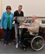 22 August 2015; Kerry legend Tomás Ó Sé with Jean, from Cahirciveen, Co. Kerry, and Sean Regan from Charlestown, Co. Mayo, at the Bord Gáis Energy Legends Tour at Croke Park, where he relived some of most memorable moments from his playing career. All Bord Gáis Energy Legends Tours include a trip to the GAA Museum, which is home to many exclusive exhibits, including the official GAA Hall of Fame. For booking and ticket information about the GAA legends for this summer visit www.crokepark.ie/gaa-museum. Croke Park, Dublin. Picture credit: Brendan Moran / SPORTSFILE