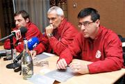 10 February 2009; At a press conference ahead of Georgia's World Cup qualifier against the Republic of Ireland on Wednesday are, from left to right, PR officer Alexander Tsnobiladze, head coach Hector Raul Cuper, and translator Lascha Japaridze. Hilton Hotel, Portobello, Dublin. Picture credit: Diarmuid Greene / SPORTSFILE
