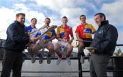 10 February 2009; GPA Chief Dessie Farrell, left, and Karl Manning, Director of Retail Sales at Halifax, right, show their hurling skills to hurlers, from left, Monaghan's Michael McHugh, Tipperary's Diarmuid Fitzgerald, Louth's Brian McCabe and Clare's Tony Griffin at todays announcement of plans for the 2009 Halifax GPA Hurling Twinning Programme.  The scheme will be expanded over the next twelve months with increased squad visits following the success of last year’s inaugural programme. Clarion Hotel, IFSC, Dublin. Photo by Sportsfile