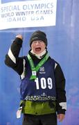 12 February 2009; Charlie O'Reilly, TEAM Ireland, sponsored by eircom, from Sandycove, Co. Dublin, celebrates after being presented with a sixth place ribbon after his Novice Grade Giant Slalom Event at the Boise-Bogus Basin Mountain Recreation Area. 2009 Special Olympics World Winter Games, Boise, Idaho, USA. Picture credit: Ray McManus / SPORTSFILE