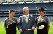 24 August 2015; Pictured is Uachtarán Chumann Lúthchleas Gael Aogán Ó Fearghail with Cian Carroll, left, aged 13, and Eoin Walsh, aged 14, both from Waterford, at the GAA Super Games Centre Research Results Launch which tackled drop out of youth players within the GAA. Croke Park, Dublin. Picture credit: Piaras Ó Mídheach / SPORTSFILE