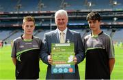 24 August 2015; Pictured is Uachtarán Chumann Lúthchleas Gael Aogán Ó Fearghail with Cian Carroll, left, aged 13, and Eoin Walsh, aged 14, both from Waterford, at the GAA Super Games Centre Research Results Launch which tackled drop out of youth players within the GAA. Croke Park, Dublin. Picture credit: Piaras Ó Mídheach / SPORTSFILE