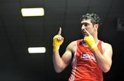 13 February 2009; Kenneth Egan celebrates after victory over Denis Hogan in their 81Kg bout. National Senior Boxing Championships Semi-Finals, National Stadium, Dublin. Picture credit: David Maher / SPORTSFILE
