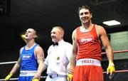 13 February 2009; Kenneth Egan, right, celebrates after victory over Denis Hogan in their 81Kg bout. National Senior Boxing Championships Semi-Finals, National Stadium, Dublin. Picture credit: David Maher / SPORTSFILE