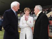 15 February 2009;Tyrone county chairman Pat Darcy, right, talks to Stafford Reynolds and Maura Muldoon, Directors of Glentoran FC, before the game. Allianz National Football League, Division 1, Round 2, Tyrone v Kerry, Healy Park, Omagh, Co. Tyrone. Picture credit: Oliver McVeigh / SPORTSFILE