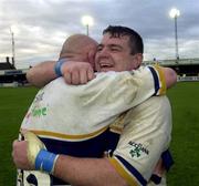 21 October 2000; Reggie Corrigan, left, and Gary Halpin of Leinster congratulate each other following their side's victory during the Heineken Cup Pool 1 match between Northampton Saints and Leinster at Franklin's Gardens in Northampton, England. Photo by Matt Browne/Sportsfile