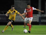 28 August 2015; Morgan Langley, St Patrick's Athletic, in action against Patrick McEleney, Derry City. SSE Airtricity League Premier Division, St Patrick's Athletic v Derry City, Richmond Park, Dublin. Picture credit: Sam Barnes / SPORTSFILE