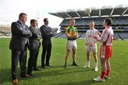 25 February 2009; Attending the launch of the Cadbury GAA Football U21 Championship are players, Tommy Walsh, Kerry, centre, Eoghan O'Flaherty, Kildare, second from right, and Jason McAnulla, Tyrone, watched on by Cadbury Hero of the Future judges, left to right, former Dublin manager Paul Caffrey, Michael O'Domnaill, TG4, and Dermot Earley, Kildare. Croke Park, Dublin. Picture credit: David Maher / SPORTSFILE