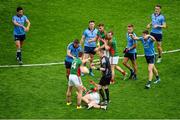 30 August 2015; Dublin players Cian O'Sullivan, James McCarthy, and Diarmuid Connolly, signal to referee Joe McQuillan that Lee Keegan, Mayo, dived. The Mayo free was subsequently brought forward ten metres. GAA Football All-Ireland Senior Championship, Semi-Final, Dublin v Mayo, Croke Park, Dublin. Picture credit: Dáire Brennan / SPORTSFILE