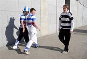 1 March 2009; Blackrock College supporters, left, eye up a Belvedere College supporter on the way to the game. Leinster Schools Senior Cup Semi-Final, Belvedere College v Blackrock College, Donnybrook Stadium, Donnybrook, Dublin. Picture credit: Ray McManus / SPORTSFILE