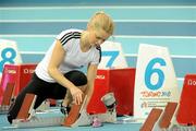 5 March 2009; Ireland's Ailis McSweeney sets up her starting blocks during a practice session ahead of the European Indoor Athletics Championships which start tomorrow. Oval Lingotto, Torino, Italy. Picture credit: Brendan Moran / SPORTSFILE