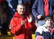 8 March 2009; Comedian Des Bishop shows his support for the 2008 Cork Hurling team from the open stand in Pairc Ui Chaoimh, Cork.  Picture credit: Matt Browne / SPORTSFILE