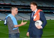2 August 2015; Líofa points the way at Croke Park. Pictured are Bernard Dunne, former champion boxer, with Armagh footballer Charlie Vernon at the Líofa launch in Croke Park. Picture credit: Piaras Ó Mídheach / SPORTSFILE