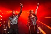 4 September 2015; Pictured at the Electric Ireland #90sPowerParty at Electric Picnic is Ray Slijngaard, left, and Anita Doth of 2 Unlimited. The Electric Ireland #90sPowerParty brings revellers back in time with the best of the 90s including 2 Unlimited on Friday night, the exclusive performance of ‘Maniac’ by Mark McCabe on Saturday night and Eurodance group, Vengaboys, on Sunday evening. As official energy partner to Electric Picnic, Electric Ireland installs 6 kilometres of energy efficient festoon lighting around the campsites and walk ways to guide festival go-ers around the festival along with mobile phone charging on site. For further details on Electric Ireland #90sPowerParty at Electric Picnic including line up and times, log onto www.90spowerparty.ie, follow Electric Ireland on Facebook www.facebook.com/electricireland or on Twitter @ElectricIreland #90sPowerParty. Stradbally, Co. Laois. Picture credit: Ramsey Cardy / SPORTSFILE