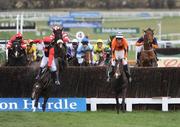 10 March 2009; Race favourite Tatenen unseats rider Ruby Walsh at the third fence during the Irish Independent Arkle Challenge Trophy Chase. Cheltenham Racing Festival, Prestbury Park, Cheltenham, Gloucestershire, England. Picture credit: Stephen McCarthy / SPORTSFILE