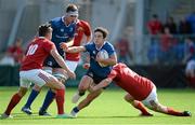 5 September 2015; Patrick Patterson, Leinster, in action against Peter Sylvester, left, and Diarmuid Barron, Munster. Schools Interprovincial Rugby Championship Round 1, Leinster v Munster. Donnybrook Stadium, Donnybrook, Dublin. Picture credit: Sam Barnes / SPORTSFILE