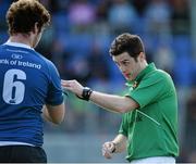 5 September 2015; Referee Oisin Quinn has a word with Caelan Doris, Leinster. Schools Interprovincial Rugby Championship Round 1, Leinster v Munster. Donnybrook Stadium, Donnybrook, Dublin. Picture credit: Sam Barnes / SPORTSFILE