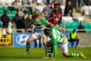5 September 2015; Luke Byrne, left, and Max Blanchard, right, Shamrock Rovers, in action against Ismahil Akinade, Bohemians. SSE Airtricity League Premier Division, Shamrock Rovers v Bohemians. Tallaght Stadium, Tallaght, Co. Dublin. Picture credit: Seb Daly / SPORTSFILE