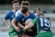 5 September 2015; James MacGowan, Leinster, is tackled by Chris Maloney, left and Joe Murphy, Connacht. U19 Interprovincial Rugby Championship, Round 1, Leinster v Connacht. Donnybrook Stadium, Donnybrook, Dublin. Picture credit: Sam Barnes / SPORTSFILE
