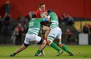 5 September 2015; Andrew Conway, Munster, is tackled by Simone Ferrari, left, and Filippo Gerosa, Benetton Treviso. Guinness PRO12 Round 1, Munster v Benetton Treviso. Irish Independent Park, Cork. Picture credit: Diarmuid Greene / SPORTSFILE