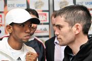 18 March 2009; Bernard Dunne, right, and Ricardo Cordoba during a head to head press conference ahead of their WBA World Super Bantamweight Title Fight on Saturday night. Clarion Hotel, IFSC, Dublin. Picture credit: David Maher / SPORTSFILE