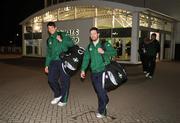 19 March 2009; Ireland's Donncha O'Callaghan, left, and Marcus Horan on the team's arrival at Cardiff Airport ahead of their RBS Six Nations Championship match against Wales on Saturday. Cardiff Airport, Wales. Picture credit: Brendan Moran / SPORTSFILE