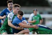 5 September 2015; James MacGowan, Leinster, is tackled by Chris Maloney, left, and Joe Murphy, Connacht. U19 Interprovincial Rugby Championship, Round 1, Leinster v Connacht. Donnybrook Stadium, Donnybrook, Dublin. Picture credit: Sam Barnes / SPORTSFILE