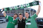 20 March 2009; Ireland fans Fionn, left, and Sean Iversen, from Swords, Co. Dublin, with James Byrne, centre, from Kilkeel, Co. Down, outside the Millennium Stadium ahead of the RBS Six Nations Championship game against Wales on Saturday. Cardiff, Wales. Picture credit: Brendan Moran / SPORTSFILE