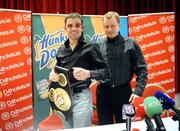 22 March 2009; Newly crowned WBA World Super Bantamweight Champion Bernard Dunne and promoter Brian Peters after a press conference following his victory over Ricardo Cordoba at the Hunky Dorys World Title Fight Night. Bernard Dunne Press Conference, Ballsbridge Court, Dublin. Picture credit: Stephen McCarthy / SPORTSFILE