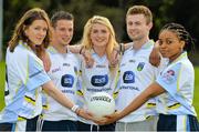 8 September 2015; UCD today announced that it is sending an International Ladies’ GAA Team to participate in the 20th Edition of the FEXCO Asian Gaelic Games in Shanghai, China. The 12-person international student team will travel from Ireland and comprises women from six countries including China, Nigeria, Poland, the USA, the Philippines and England. Pictured, from left, are UCD Footballers Agata Blasiak, Ryan Wylie, Claire O'Neill, Jack McCaffrey, and Precious Nwafor. UCD GAA Pitch, Belfield, Dublin. Picture credit: Brendan Moran / SPORTSFILE