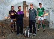 9 September 2015; Wexford manager JJ Doyle and Limerick manager John Kiely accompanied team captains Eoin Conroy and Diarmuid Byrnes in Cashel today to mark this weekend’s Bord Gáis Energy GAA Hurling U-21 All-Ireland Championship Final. This is the final time the Cross of Cashel trophy will be awarded to the winning team, meaning Wexford or Limerick will be the last side to have the honour of lifting the iconic trophy. All the action from this game will be live on TG4 at 7pm on Saturday 12th September and fans can vote for their player of the match by using #LaochBGE. Pictured are, from left, Wexford captain Eoin Conroy, manager JJ Doyle, Limerick manager John Kiely and captain Diarmuid Byrnes. The Rock of Cashel, Cashel, Co. Tipperary. Picture credit: Ramsey Cardy / SPORTSFILE