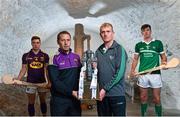 9 September 2015; Wexford manager JJ Doyle and Limerick manager John Kiely accompanied team captains Eoin Conroy and Diarmuid Byrnes in Cashel today to mark this weekend’s Bord Gáis Energy GAA Hurling U-21 All-Ireland Championship Final. This is the final time the Cross of Cashel trophy will be awarded to the winning team, meaning Wexford or Limerick will be the last side to have the honour of lifting the iconic trophy. All the action from this game will be live on TG4 at 7pm on Saturday 12th September and fans can vote for their player of the match by using hBGE. Pictured are, from left, Wexford captain Eoin Conroy, manager JJ Doyle, Limerick manager John Kiely and captain Diarmuid Byrnes. The Rock of Cashel, Cashel, Co. Tipperary. Picture credit: Ramsey Cardy / SPORTSFILE