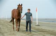 10 September 2015; Handler Darragh Flanagan walks the course with Virile before the races begin. Laytown Races, Laytown, Co. Meath. Picture credit: Cody Glenn / SPORTSFILE