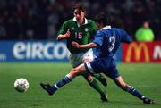 26 April 2000; Rory Delap of Republic of Ireland in action against Stelios Venetidis of Greece during the International Friendly match between Republic of Ireland and Greece at Lansdowne Road in Dublin. Photo by David Maher/Sportsfile