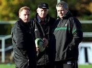 11 December 2000; Irish Rugby Managment from left Eddie O'Sullivan, assistant coach Brian O'Brien, team manager and Warren Gatland, team coach, during Irish rugby squad training at the ALSAA Club in Dublin. Photo by Brendan Moran/Sportsfile