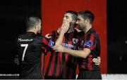 11 September 2015; David O'Sullivan, centre, Longford Town, celebrates with team-mates Lorcan Shannon, left, and Kevin O'Connor after scoring his side's opening goal. Irish Daily Mail FAI Senior Cup, Quarter-Final, Longford Town v Sheriff YC, City Calling Stadium, Longford. Picture credit: Seb Daly / SPORTSFILE