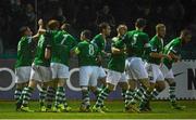 11 September 2015; Bray Wanderers' players celebrate after Hugh Douglas scored their side's goal. Irish Daily Mail FAI Senior Cup, Quarter-Final, Bray Wanderers v Killester United, Carlisle Grounds, Bray, Co Wicklow. Picture credit: Piaras Ó Mídheach / SPORTSFILE