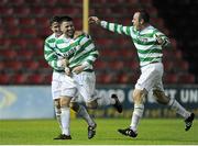 11 September 2015; Sheriff YC's Joseph Flood, centre,  celebrates with team-mates David Browne, left, and John Rock after scoring his side's equalising goal. Irish Daily Mail FAI Senior Cup, Quarter-Final, Longford Town v Sheriff YC, City Calling Stadium, Longford. Picture credit: Seb Daly / SPORTSFILE