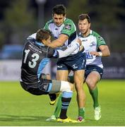11 September 2015; Tiernan O'Halloran, Connacht, is tackled by Peter Murchie, Glasgow Warriors. Guinness PRO12, Round 2, Glasgow Warriors v Connacht, Scotstoun Stadium, Glasgow, Scotland. Picture credit: Paul Devlin / SPORTSFILE