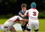 12 September 2015; Cormac Daly, Leinster, is tackled by Barry Finn and Paul Mullen, Ulster U18 Clubs. Clubs Interprovincial Rugby Championship, Round 2, Ulster v Leinster, U18 Clubs, Rainey RFC, Magherafelt, Derry. Picture credit: Oliver McVeigh / SPORTSFILE