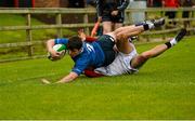 12 September 2015; David Fox, Leinster, scoring his side's first try despite the tackle of Peter Scott, Ulster. Clubs Interprovincial Rugby Championship, Round 2, Ulster v Leinster, U18 Clubs, Rainey RFC, Magherafelt, Derry. Picture credit: Oliver McVeigh / SPORTSFILE