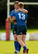 12 September 2015; Conor Dunne, Leinster, 13, is congratulated by David Nicholson after kicking an injury time penalty to win the game. Clubs Interprovincial Rugby Championship, Round 2, Ulster v Leinster, U18 Clubs, Rainey RFC, Magherafelt, Derry. Picture credit: Oliver McVeigh / SPORTSFILE