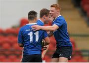12 September 2015; James MacGowan, 11, Leinster, is congratulated by team-mates after scoring his side's second try. U19 Interprovincial Rugby Championship, Round 2, Munster v Leinster, CIT, Bishopstown, Cork. Picture credit: Eóin Noonan / SPORTSFILE