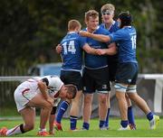 12 September 2015; Leinster players celebrate their victory over Ulster. Schools Interprovincial Rugby Championship, Round 2, Ulster v Leinster, Belfast Harlequins RFC, Deramore Park, Belfast, Co. Antrim. Picture credit: Seb Daly / SPORTSFILE