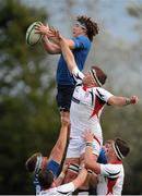 12 September 2015; Patrick Ryan, Leinster, wins a line-out ahead of Alistair Burke, Ulster. Schools Interprovincial Rugby Championship, Round 2, Ulster v Leinster, Belfast Harlequins RFC, Deramore Park, Belfast, Co. Antrim. Picture credit: Seb Daly / SPORTSFILE