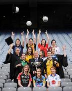 26 March 2009; Representatives from the universities competing in this weekend's O'Connor Cup and Colleges Finals with Pat Quill, President of the Ladies Gaelic Football Association.  Croke Park, Dublin. Picture credit: Brian Lawless / SPORTSFILE