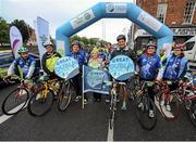 13 September 2015; The Irish Sports Council, in conjunction with Cycling Ireland teamed up with the Department of Transport, Tourism and Sport, Dublin City Council and Healthy Ireland for the Great Dublin Bike Ride which seen over 3,000 participants of all abilities from novice to expert ride 60km or 100km routes. Pictured, from left to right, is Denis Toomey, President of Cycling Ireland, Dominick Chilcott, British Ambassador to Ireland, Paschal Donohoe TD, Minister for Transport, Tourism and Sport, Lord Mayor of Dublin Críona Ní Dhálaigh, Leo Varadkar TD, Minister for Health, John Treacy, CEO Irish Sports Council, and Una May, Director of Participation & Ethics, Irish Sports Council. The Great Dublin Bike Ride. Smithfield Square, Dublin. Picture credit: Seb Daly / SPORTSFILE